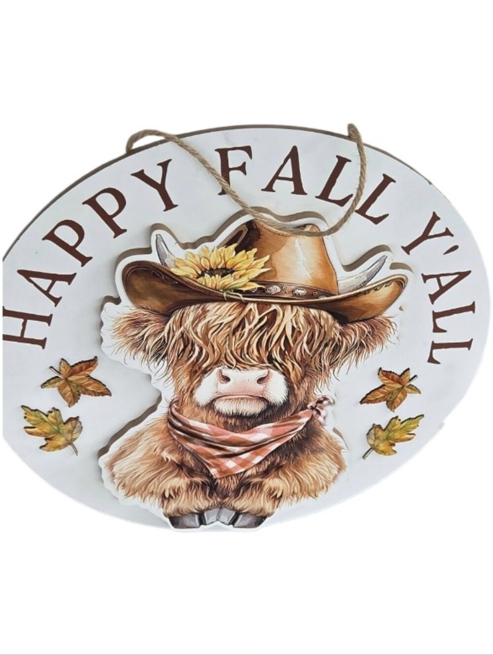 New Happy Fall Y'all Highland Cow Wooden Hanging Sign - Brown & White